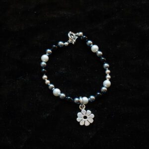 Black and White Bead Bracelet with Sterling Silver Flower