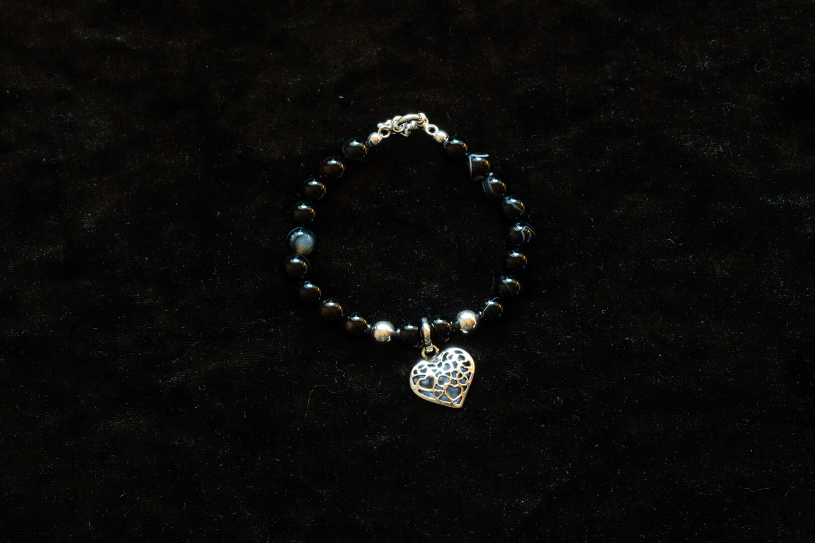 Black Bead Bracelet with Sterling Silver Heart