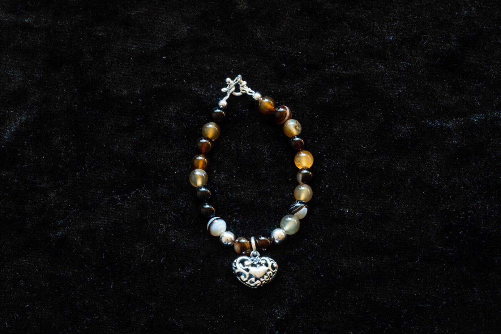 Beaded Yellow and Black Bracelet with Sterling Silver Heart