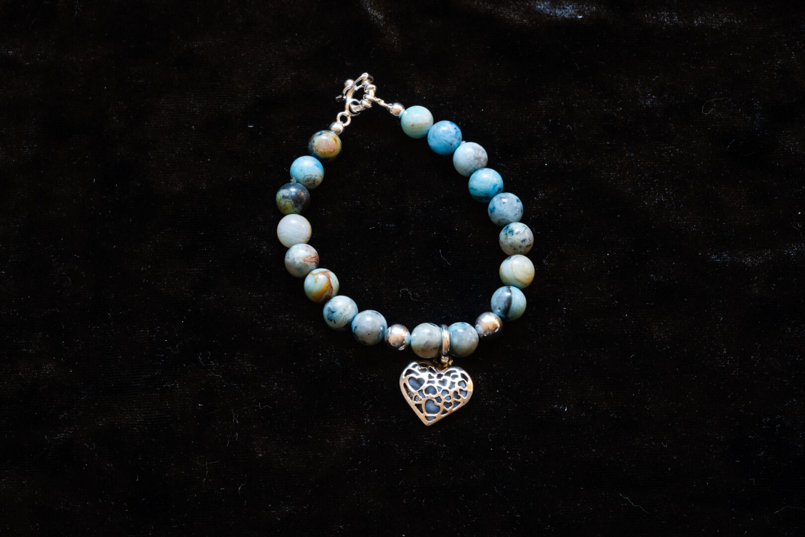 Blue Color Beaded Bracelet with Sterling Silver Heart