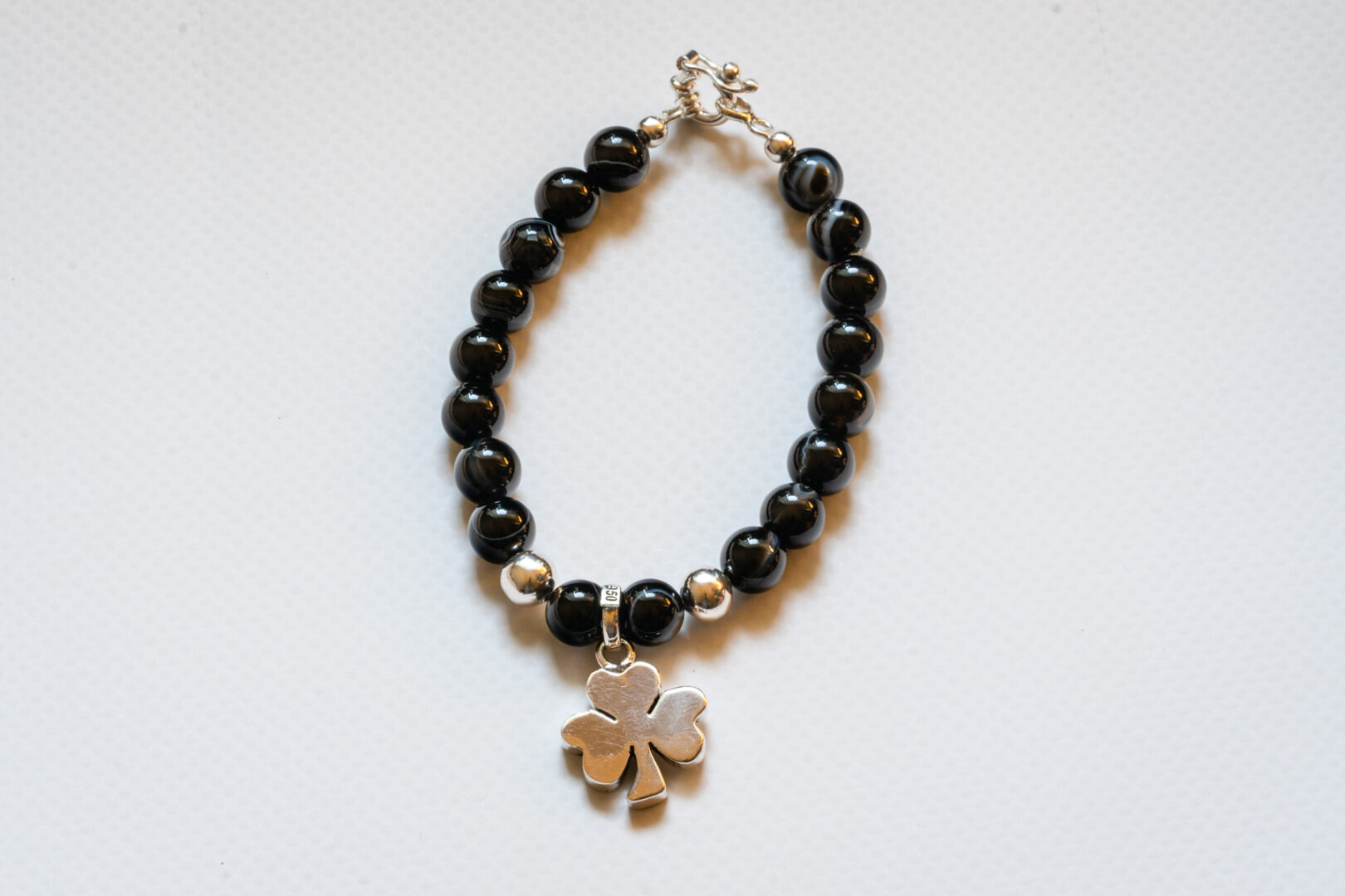 Black and Silver Beaded Bracelet with Clover