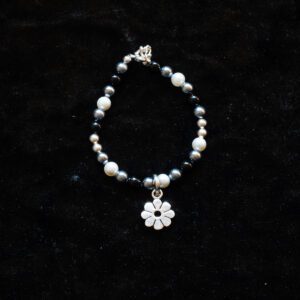 Black and Silver Bead Bracelet with Sterling Silver Flower