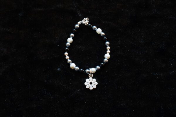 Black and Silver Bead Bracelet with Sterling Silver Flower