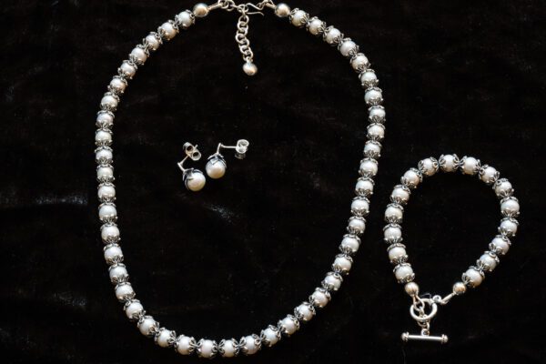 Beaded Silver Pearl Chain, Bracelet, and Earrings