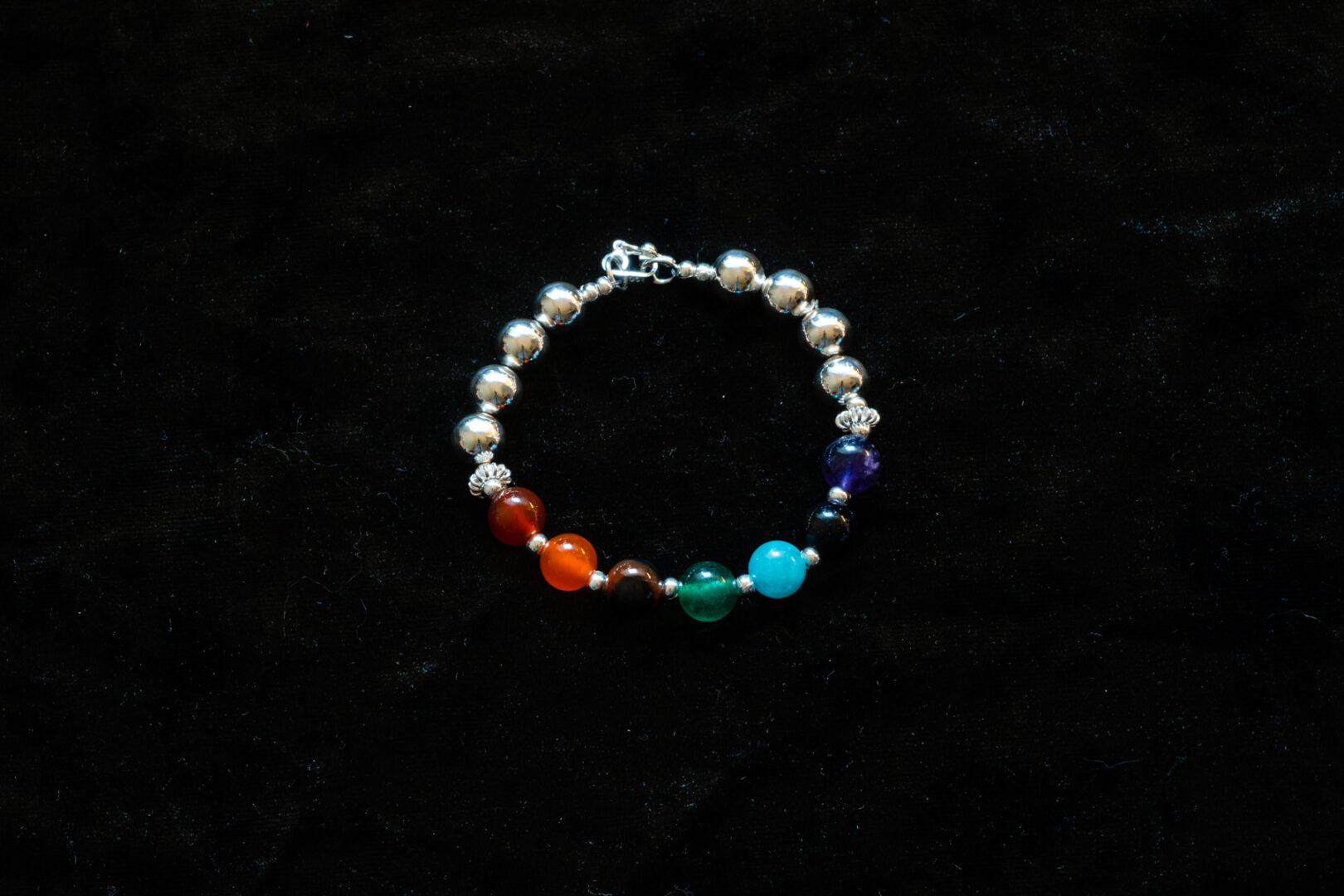 A picture of colorful beads in a bracelet